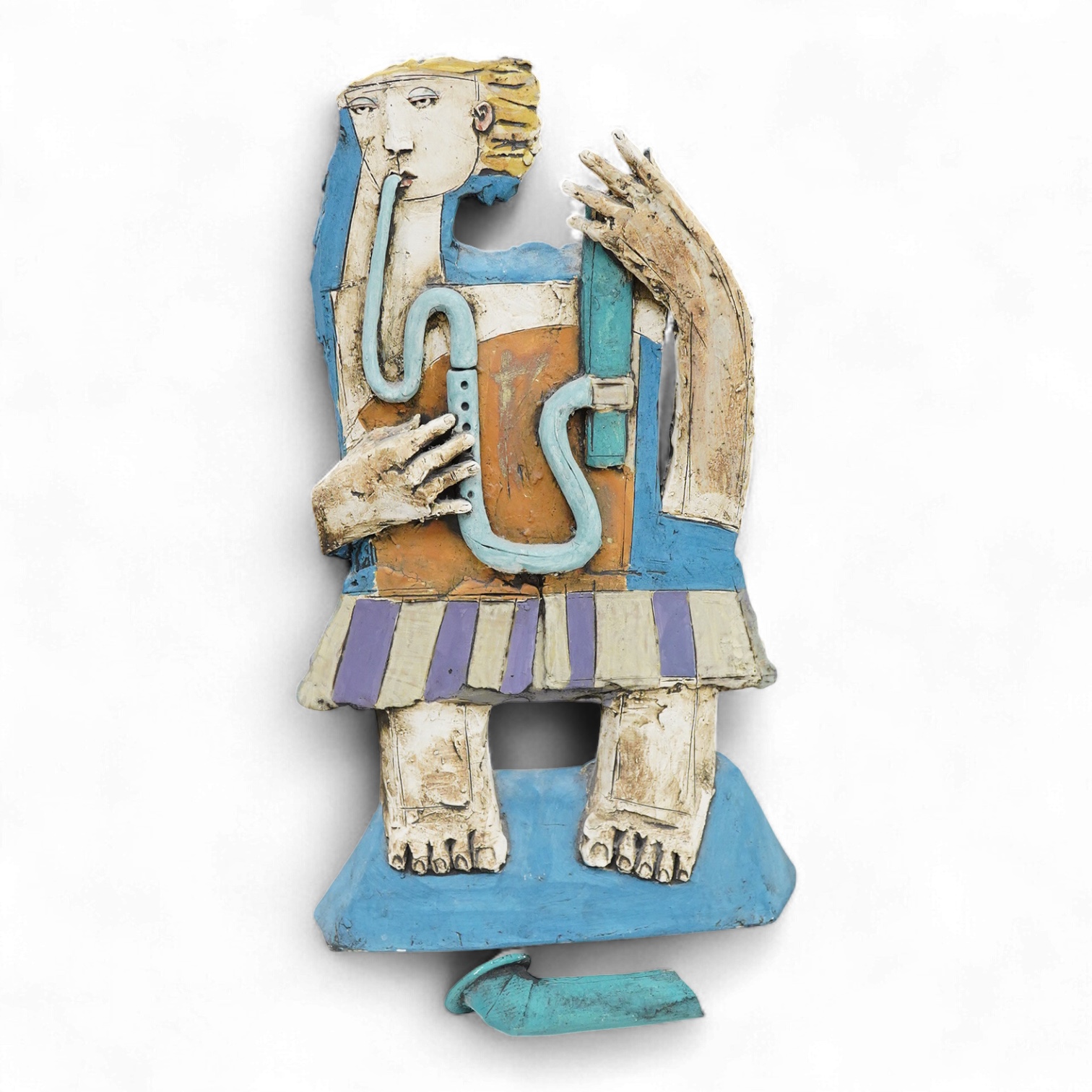 Christy Keeney (b.1958) abstract ceramic study of a figure playing an instrument, signed, 42cm high (damaged)